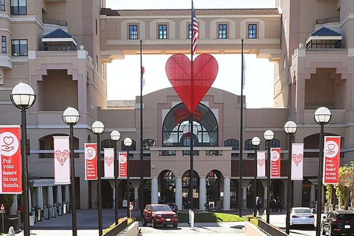 Huntington Hospital entrance with heart banners